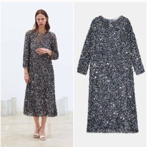 Zara Limited Edition Gunmetal Sequin Dress Size M